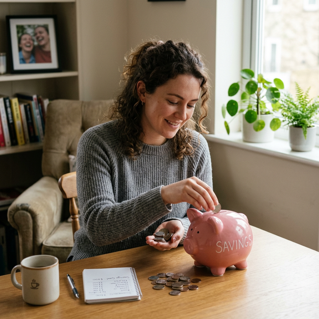 Woman putting coins into a pink piggy bank labeled SAVINGS